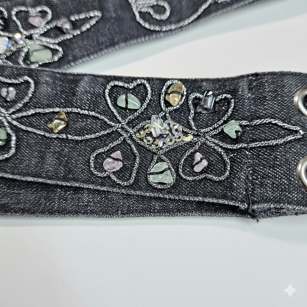 Belt 40-50" Vintage Black Denim Gemstone Embroidered Grosgrain Ribbon Wrap Tie - Picture 8 of 10